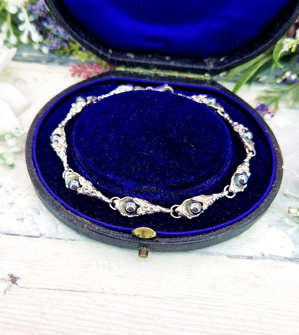 Vintage Sterling Silver Art Nouveau Style Organic Botanical Hematite Link Bracelet