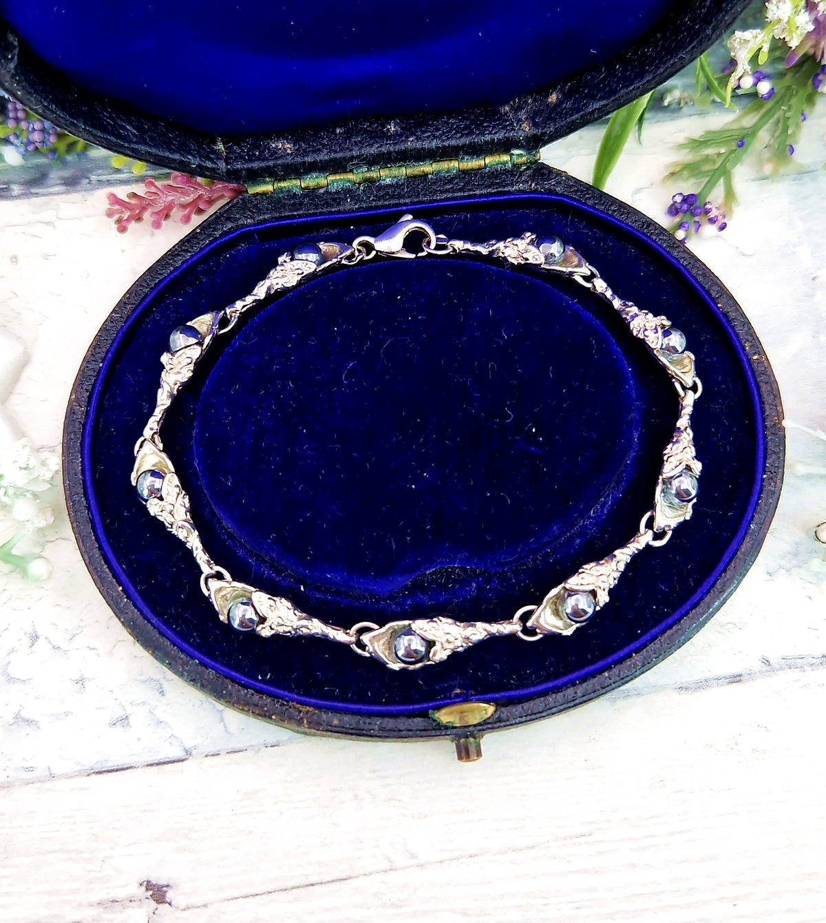 Vintage Sterling Silver Art Nouveau Style Organic Botanical Hematite Link Bracelet