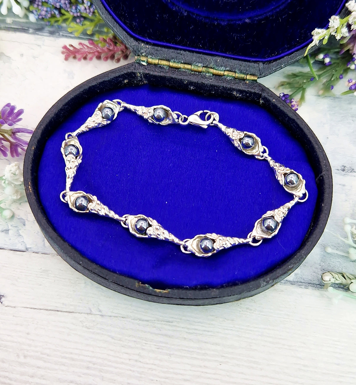 Vintage Sterling Silver Art Nouveau Style Organic Botanical Hematite Link Bracelet