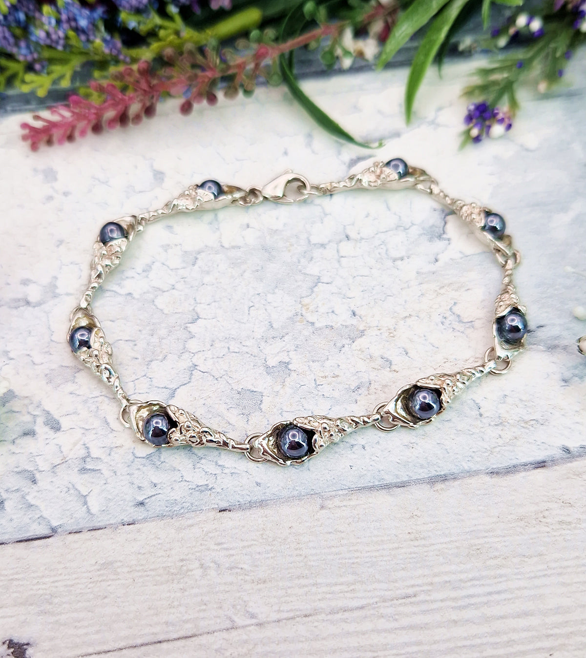 Vintage Sterling Silver Art Nouveau Style Organic Botanical Hematite Link Bracelet