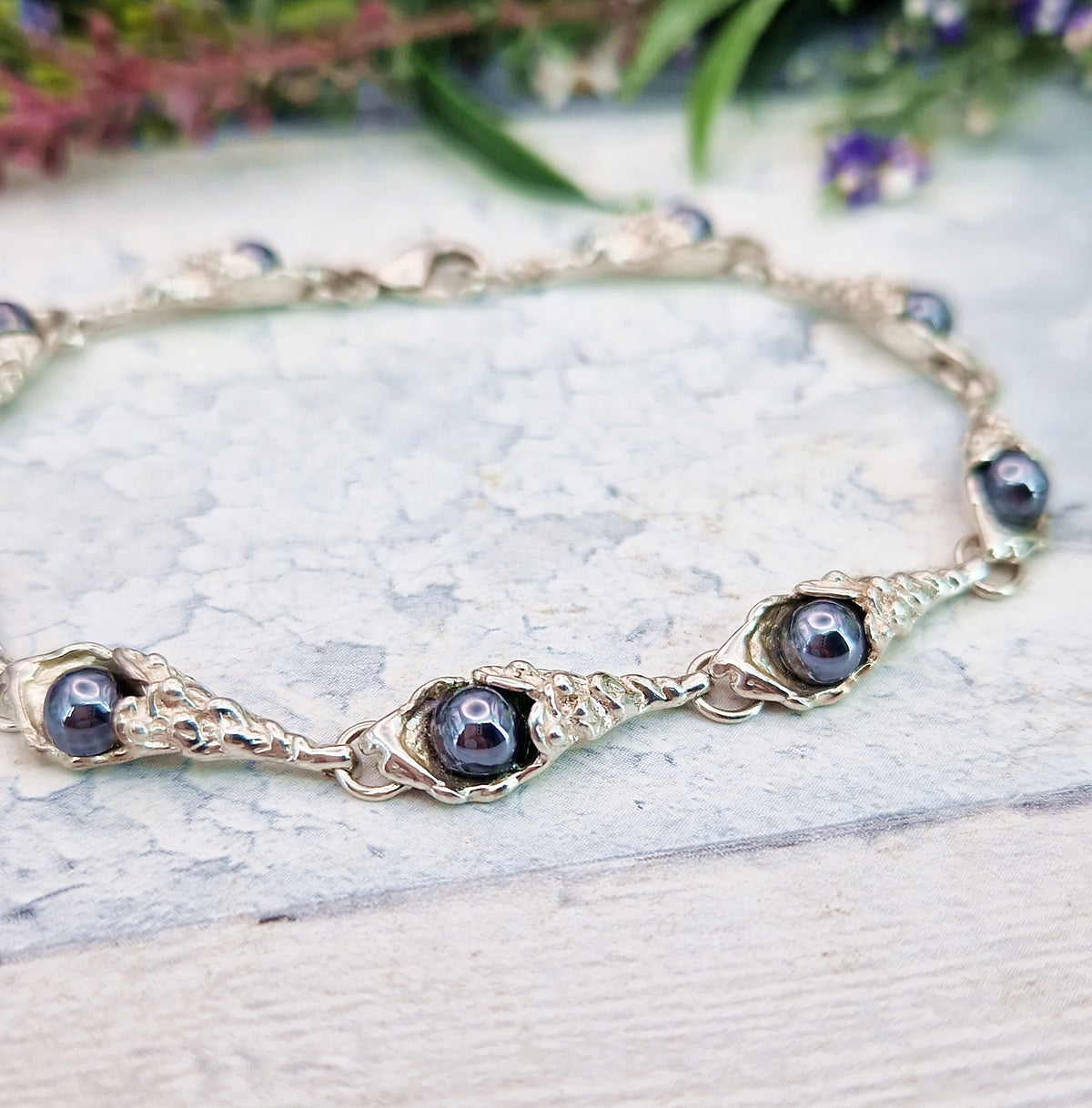 Vintage Sterling Silver Art Nouveau Style Organic Botanical Hematite Link Bracelet