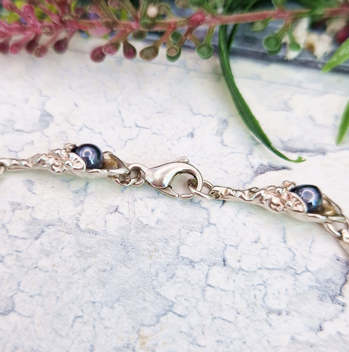 Vintage Sterling Silver Art Nouveau Style Organic Botanical Hematite Link Bracelet