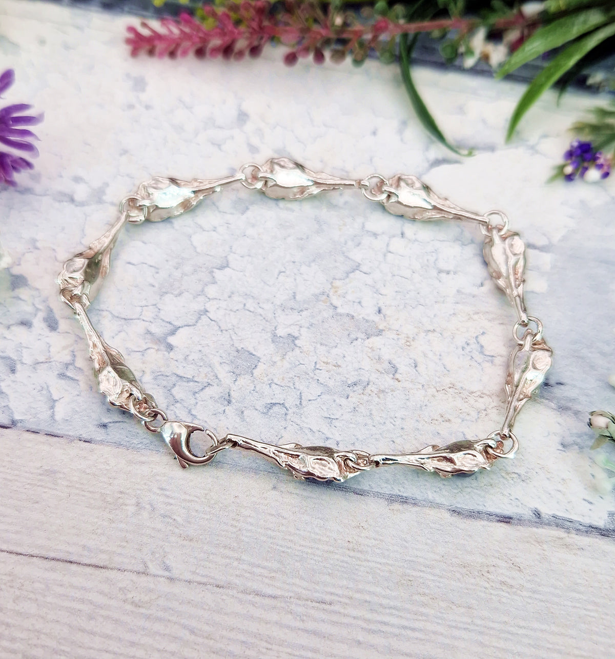 Vintage Sterling Silver Art Nouveau Style Organic Botanical Hematite Link Bracelet