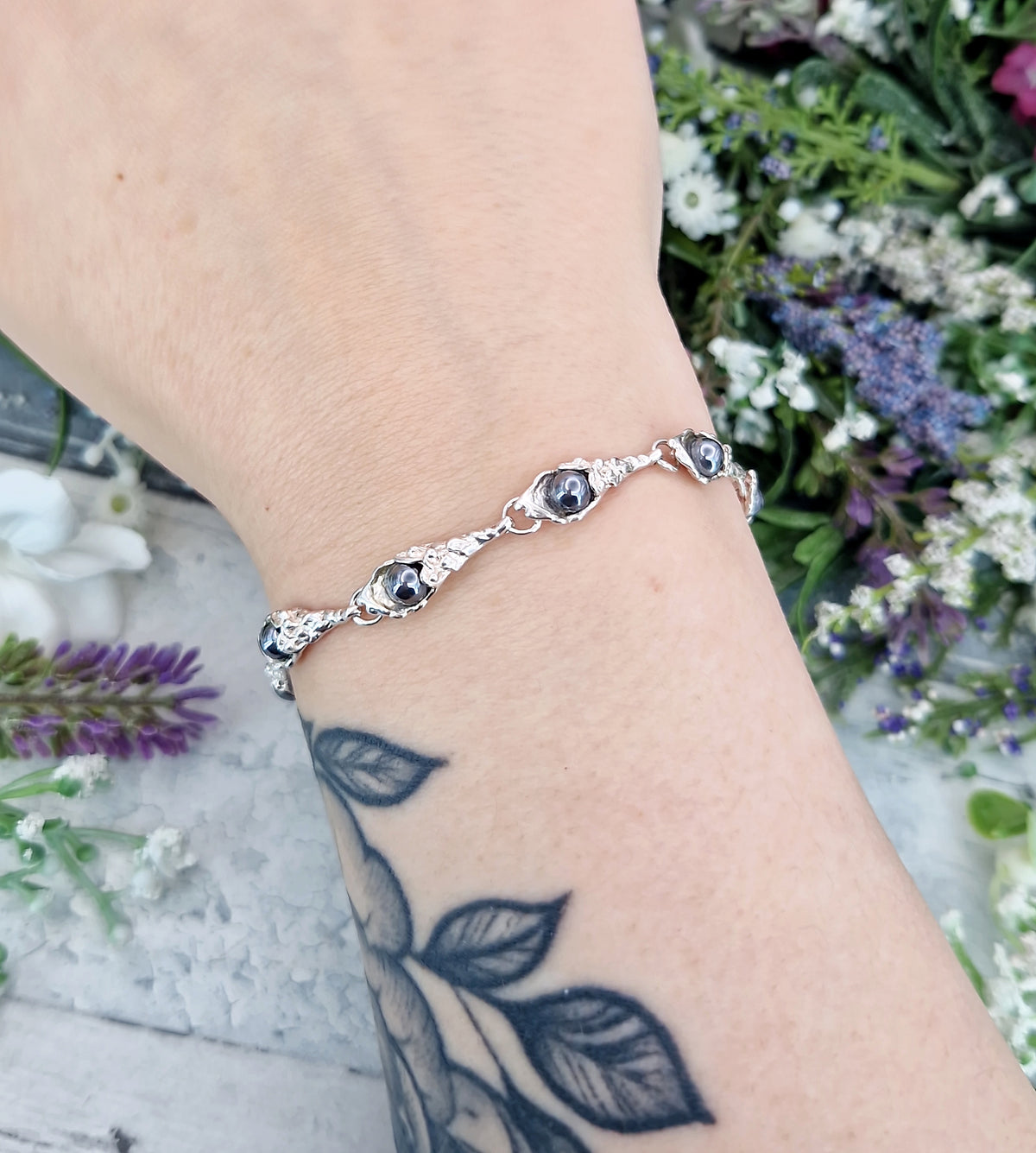Vintage Sterling Silver Art Nouveau Style Organic Botanical Hematite Link Bracelet