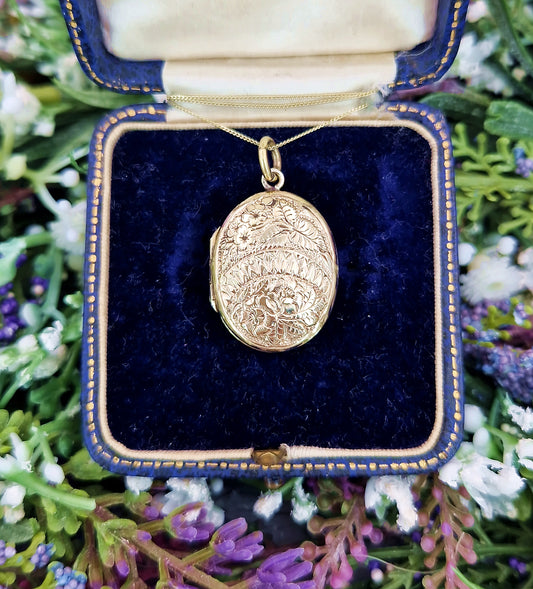 Antique Victorian Gold Tone Ornate Botanical Floral Engraved Oval Locket Pendant