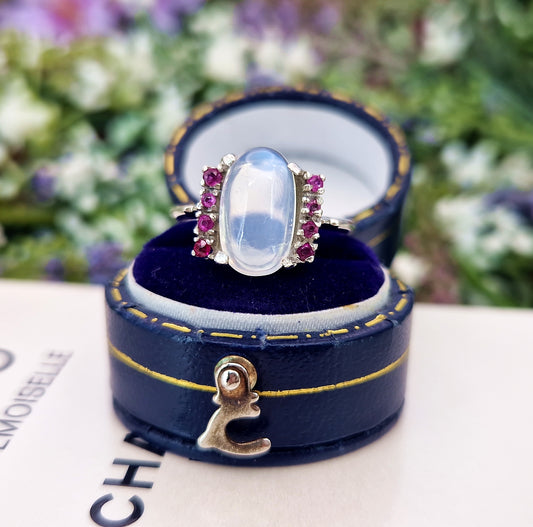 Vintage Sterling Silver Oval Blue Moonstone Cabochon and Pink Ruby Ring / Size Q or 8.5