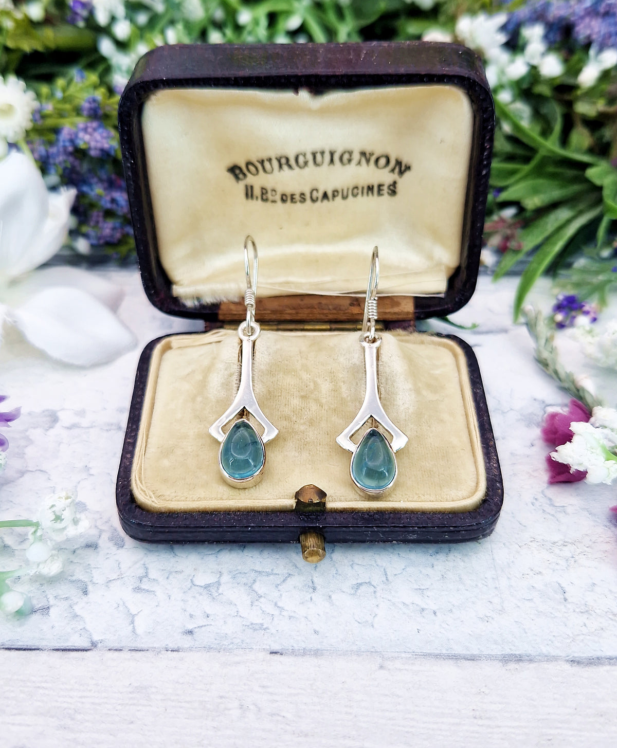 Vintage Sterling Silver Teardrop Aqua Fluorite Hook Drop Dangle Earrings