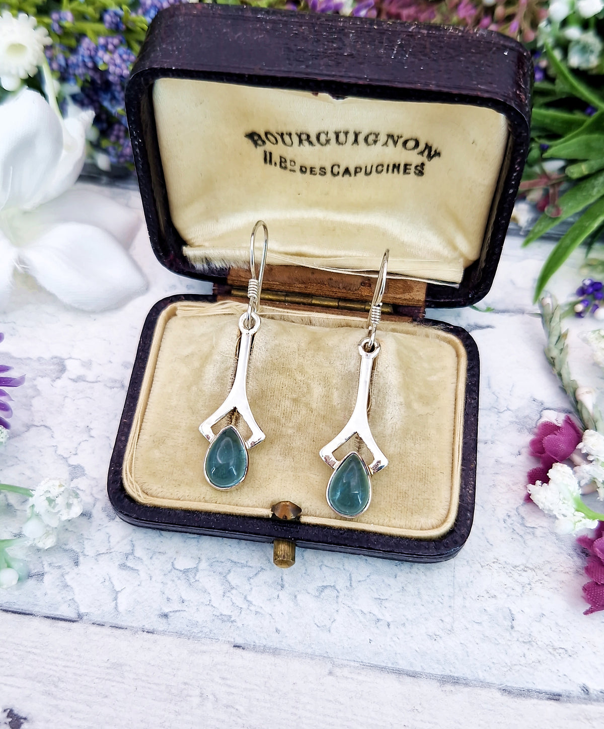 Vintage Sterling Silver Teardrop Aqua Fluorite Hook Drop Dangle Earrings