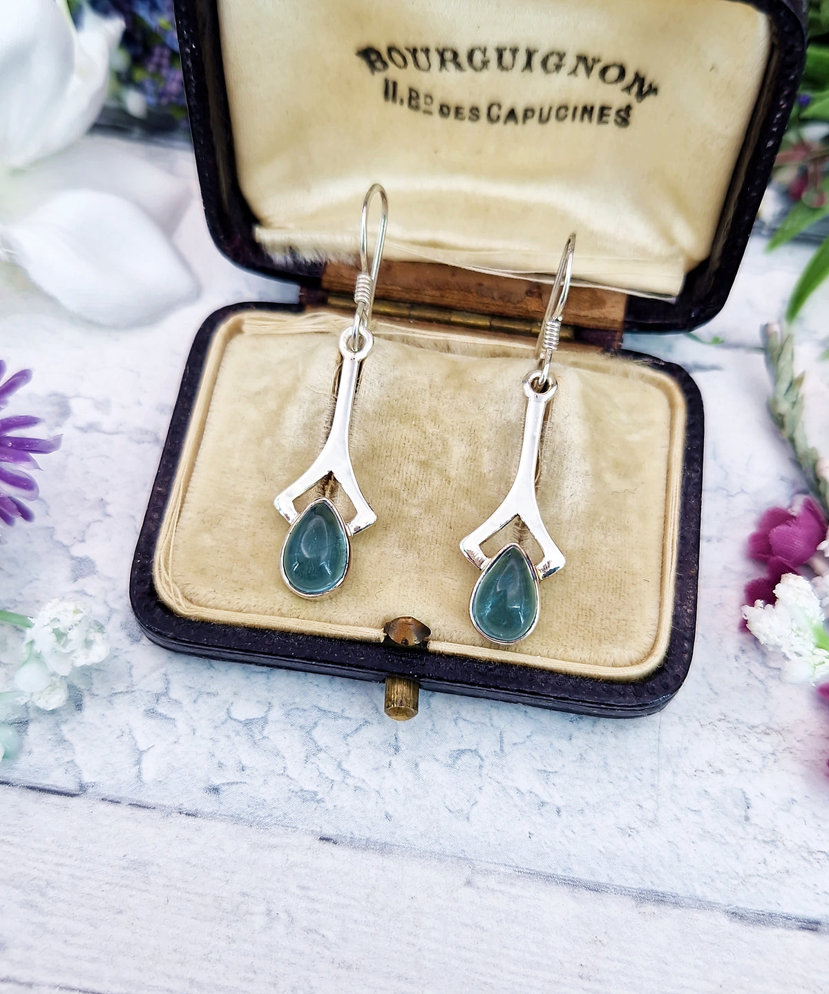 Vintage Sterling Silver Teardrop Aqua Fluorite Hook Drop Dangle Earrings