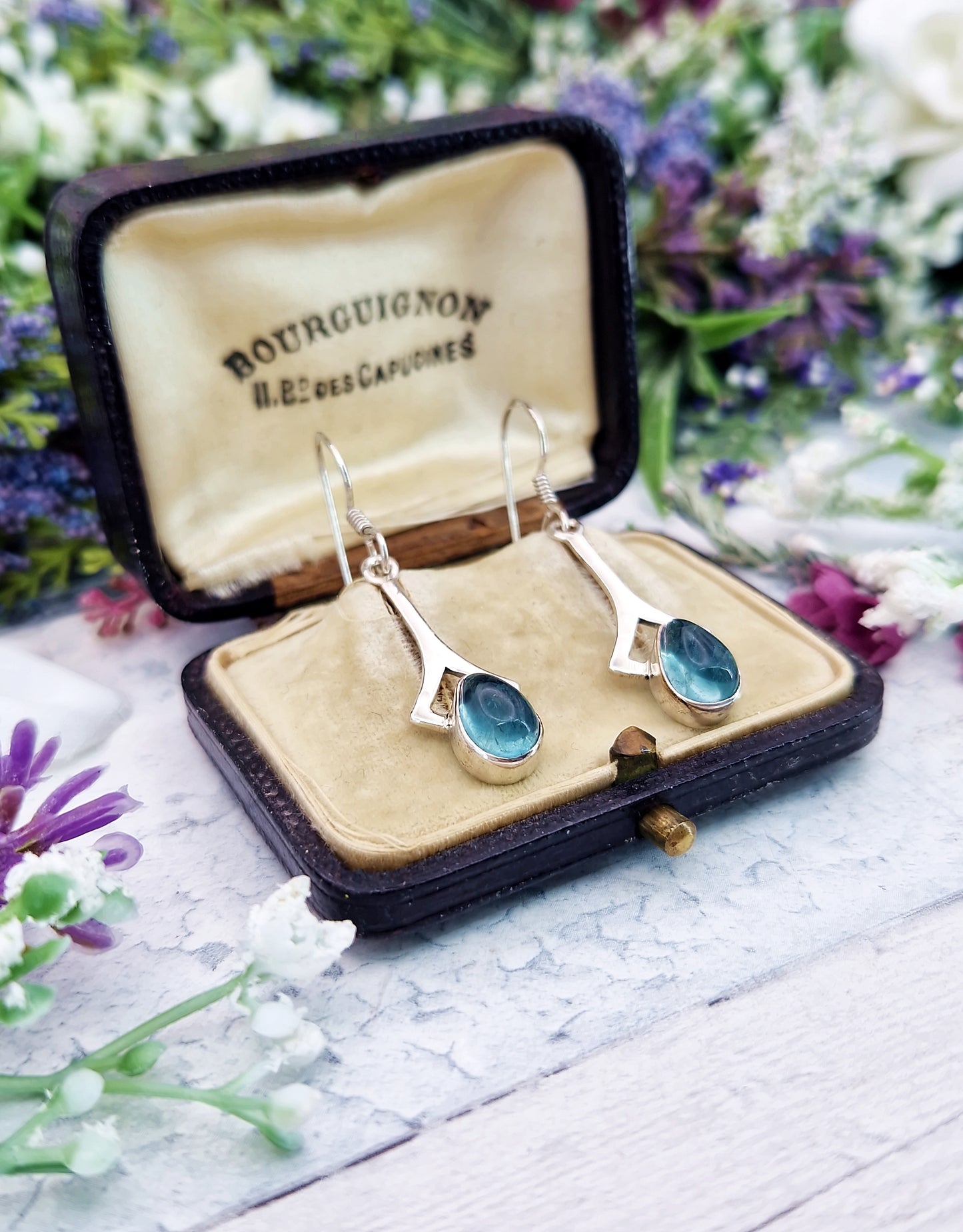 Vintage Sterling Silver Teardrop Aqua Fluorite Hook Drop Dangle Earrings