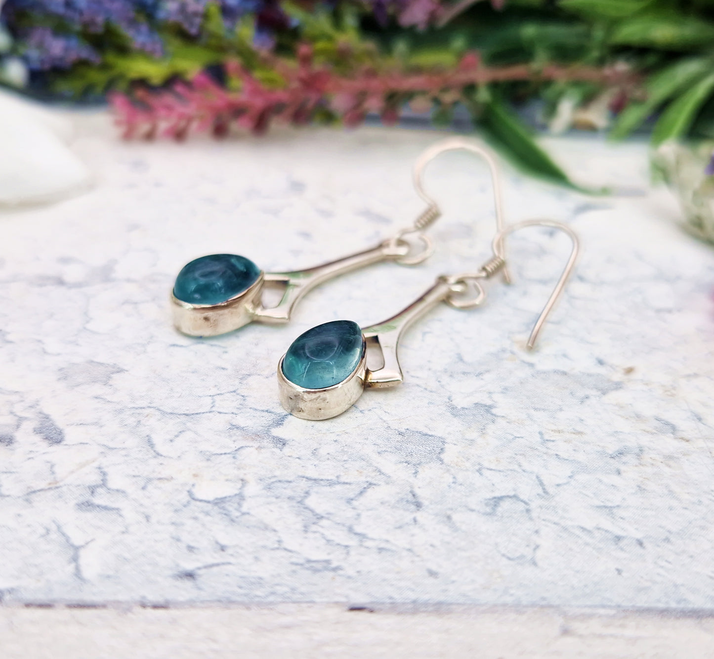 Vintage Sterling Silver Teardrop Aqua Fluorite Hook Drop Dangle Earrings