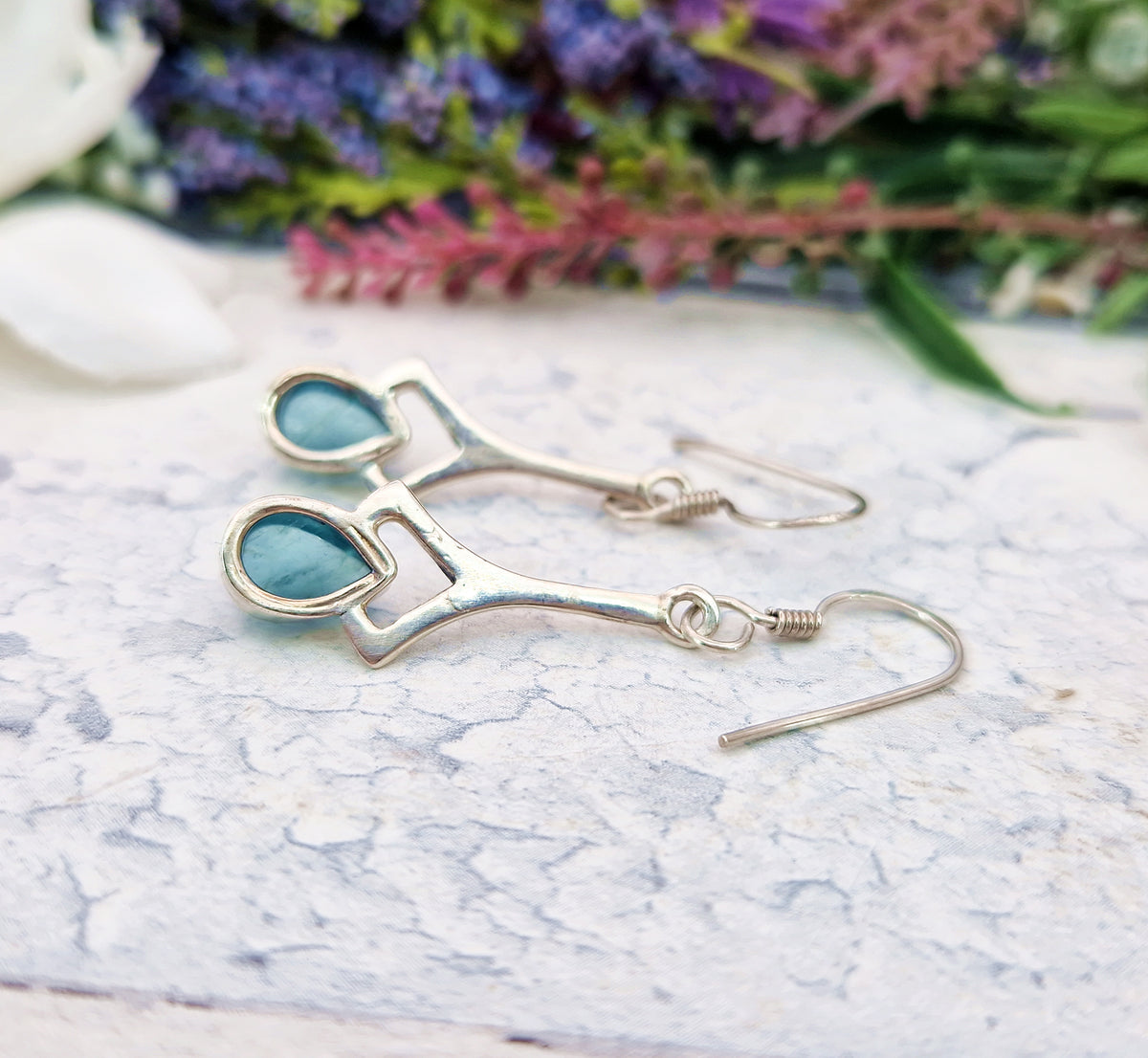Vintage Sterling Silver Teardrop Aqua Fluorite Hook Drop Dangle Earrings