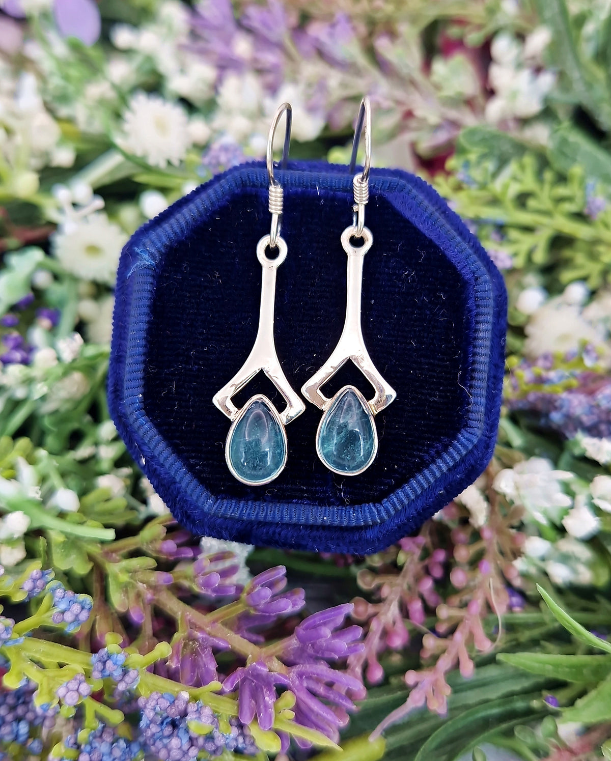 Vintage Sterling Silver Teardrop Aqua Fluorite Hook Drop Dangle Earrings