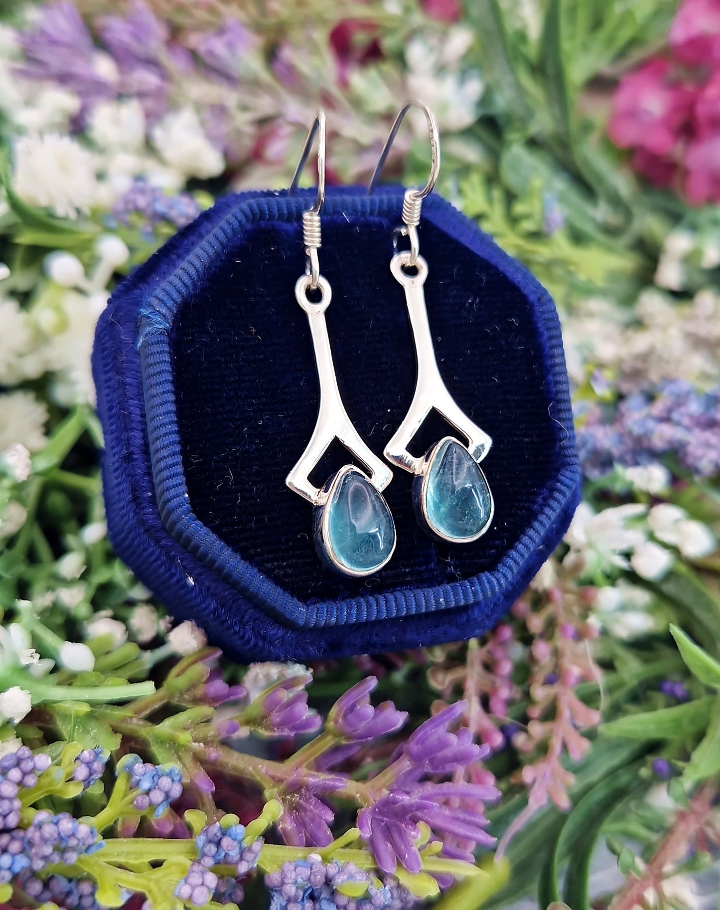 Vintage Sterling Silver Teardrop Aqua Fluorite Hook Drop Dangle Earrings