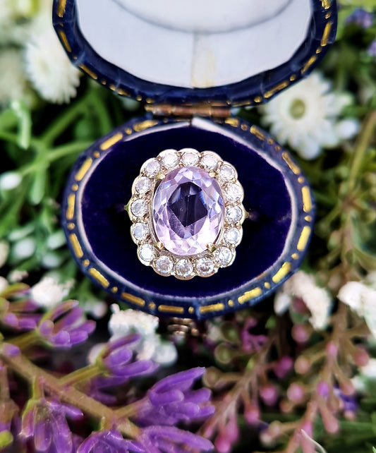 Vintage 1996 9ct Yellow Gold Amethyst and Crystal Statement Cluster Ring / Size M 1/2 or 6.75