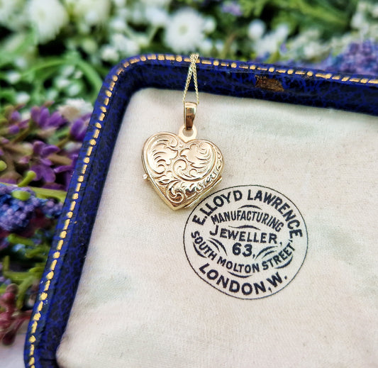 Vintage 9ct Yellow Gold Engraved Miniature Love Heart Locket Pendant Necklace
