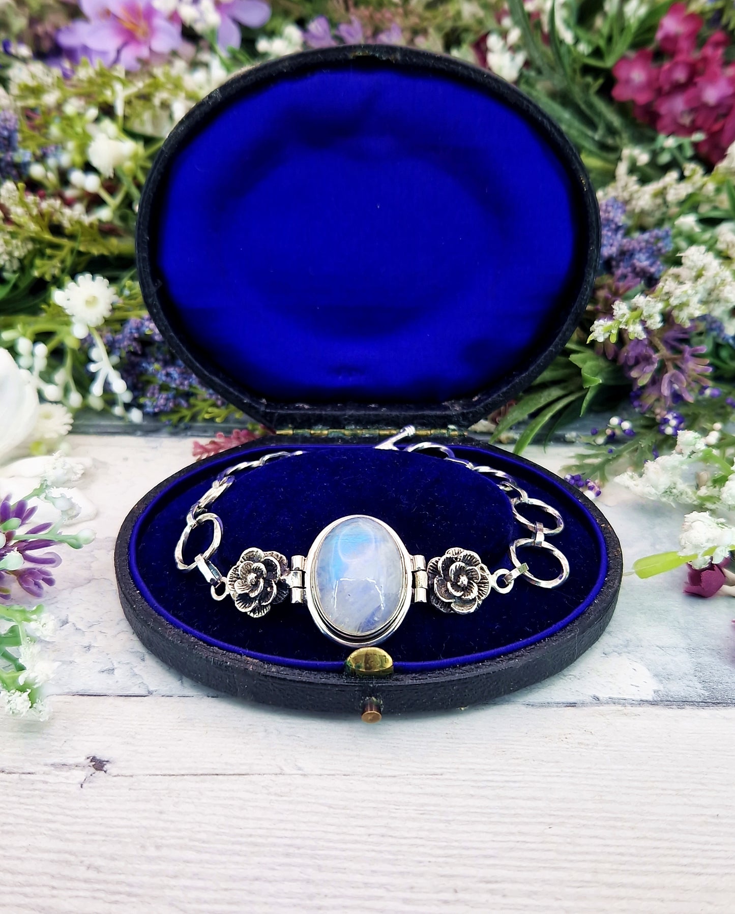 Vintage Sterling Silver Large Moonstone Cabochon and Floral Rose Link Statement Bracelet