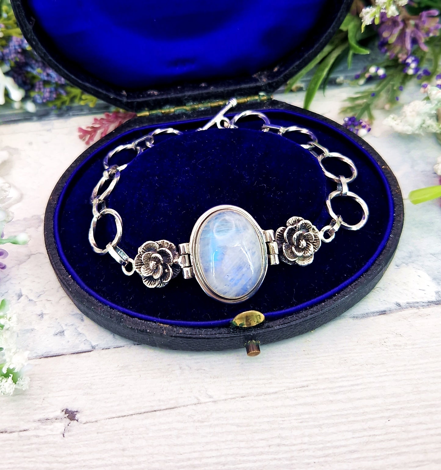 Vintage Sterling Silver Large Moonstone Cabochon and Floral Rose Link Statement Bracelet