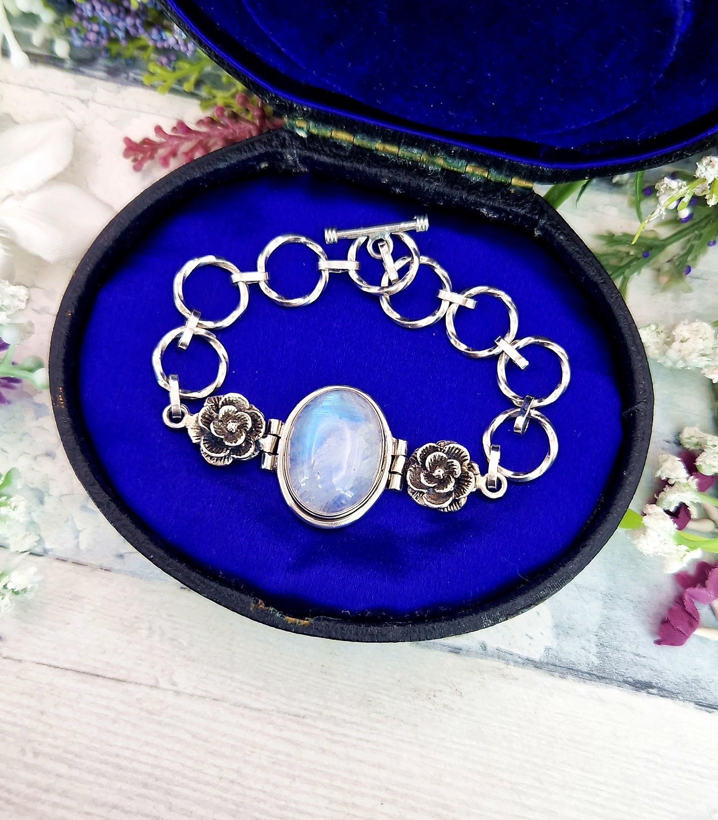 Vintage Sterling Silver Large Moonstone Cabochon and Floral Rose Link Statement Bracelet