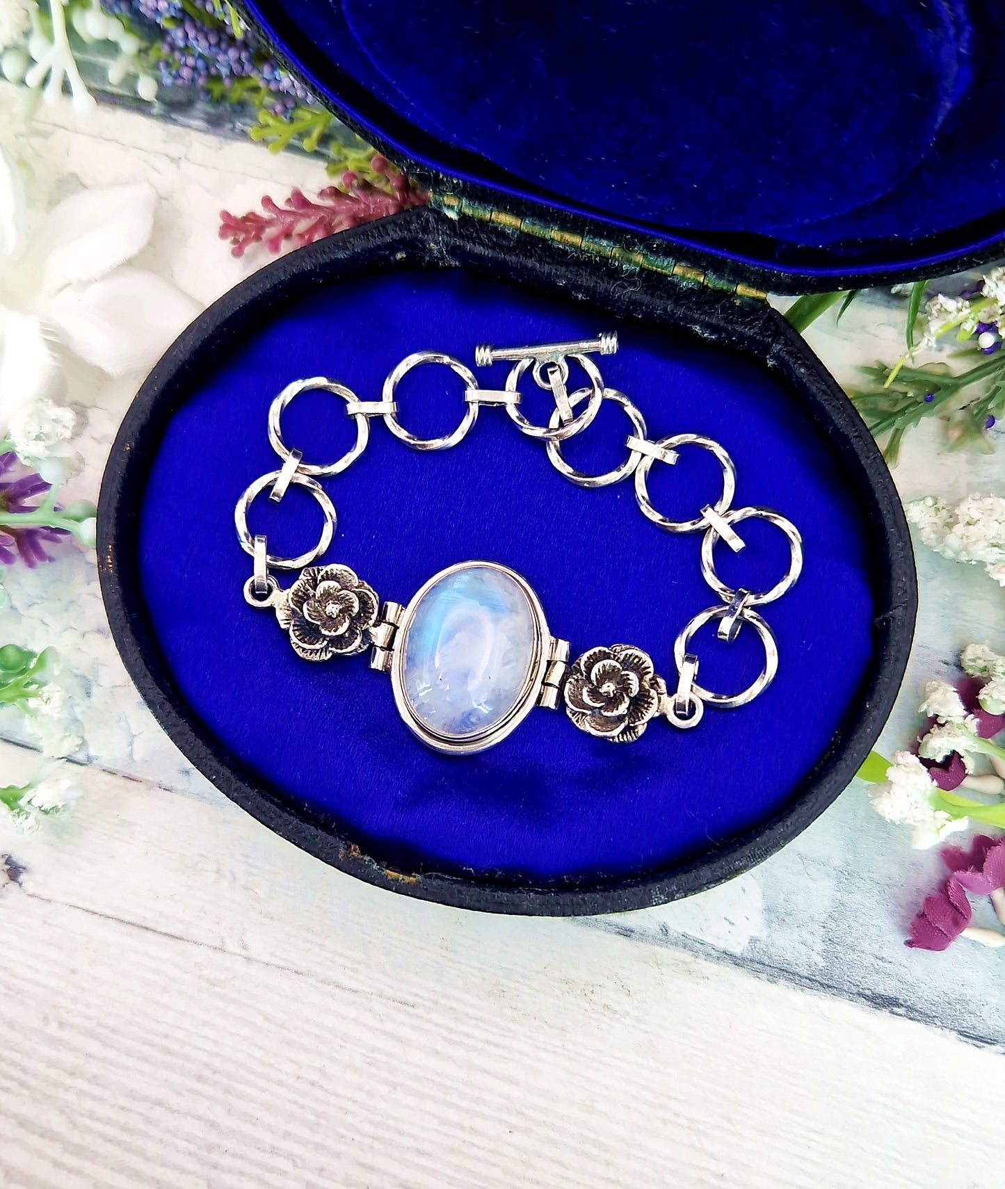 Vintage Sterling Silver Large Moonstone Cabochon and Floral Rose Link Statement Bracelet
