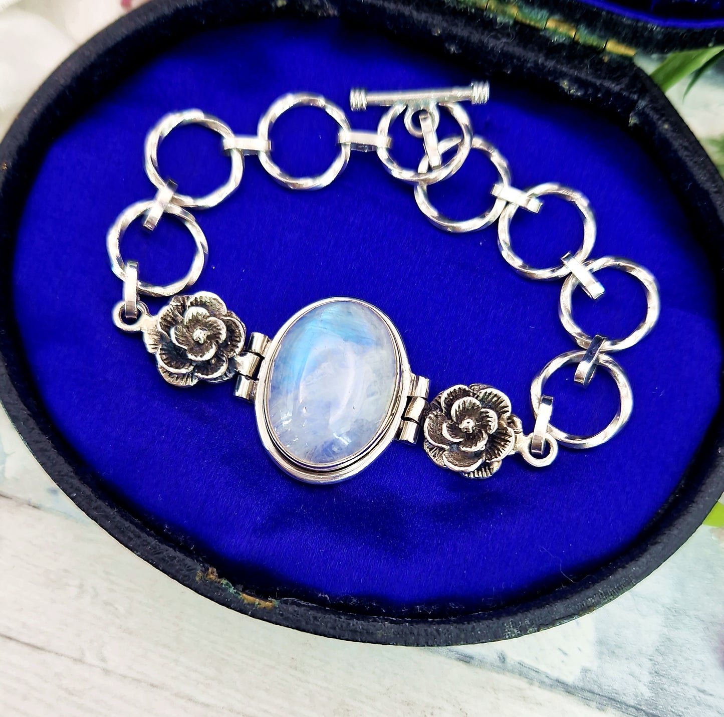 Vintage Sterling Silver Large Moonstone Cabochon and Floral Rose Link Statement Bracelet