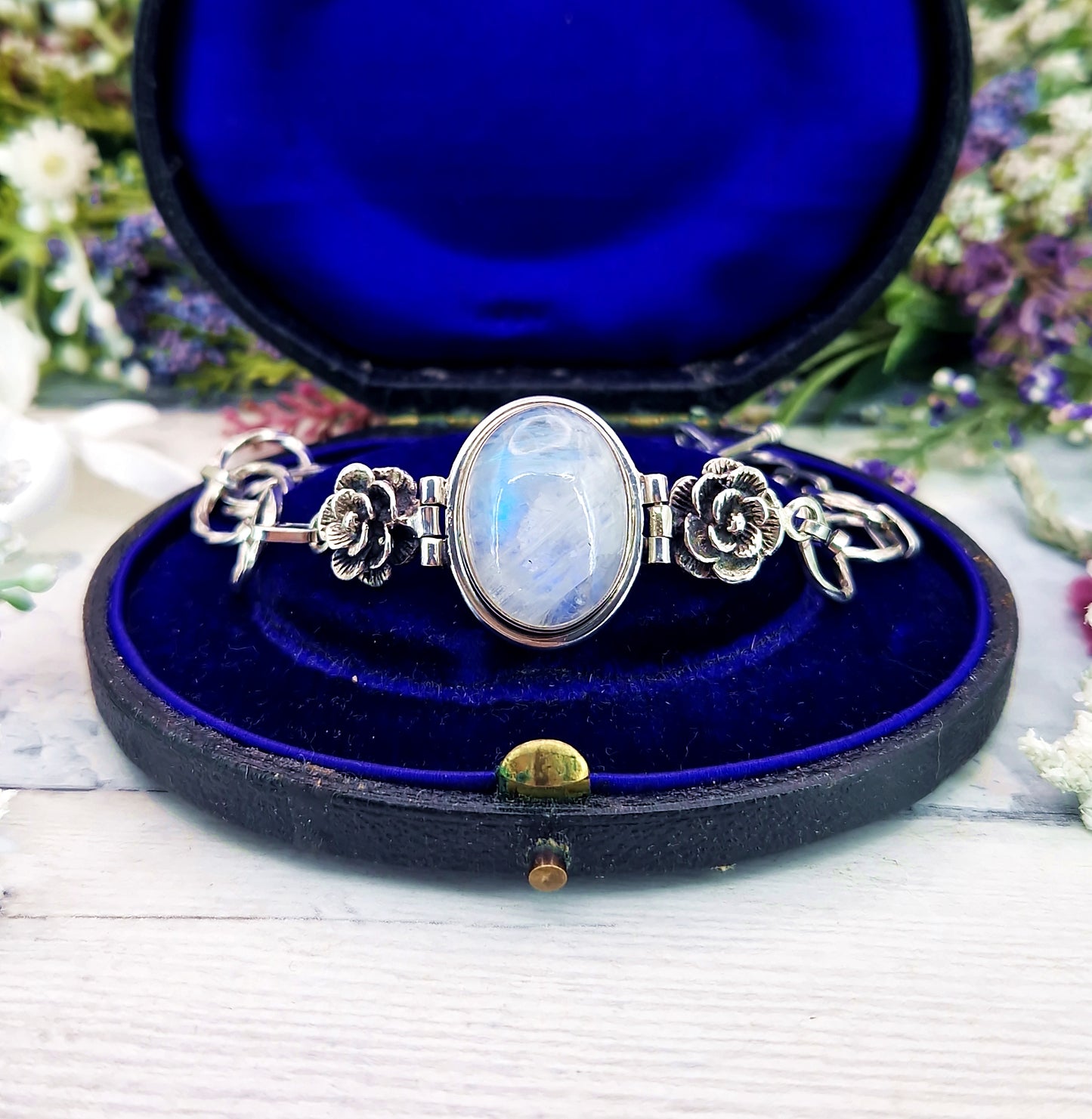 Vintage Sterling Silver Large Moonstone Cabochon and Floral Rose Link Statement Bracelet