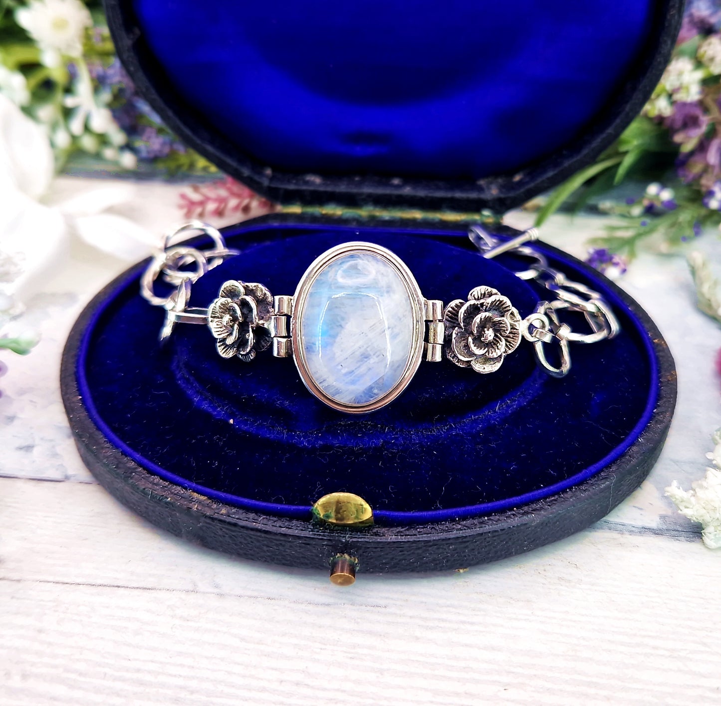Vintage Sterling Silver Large Moonstone Cabochon and Floral Rose Link Statement Bracelet