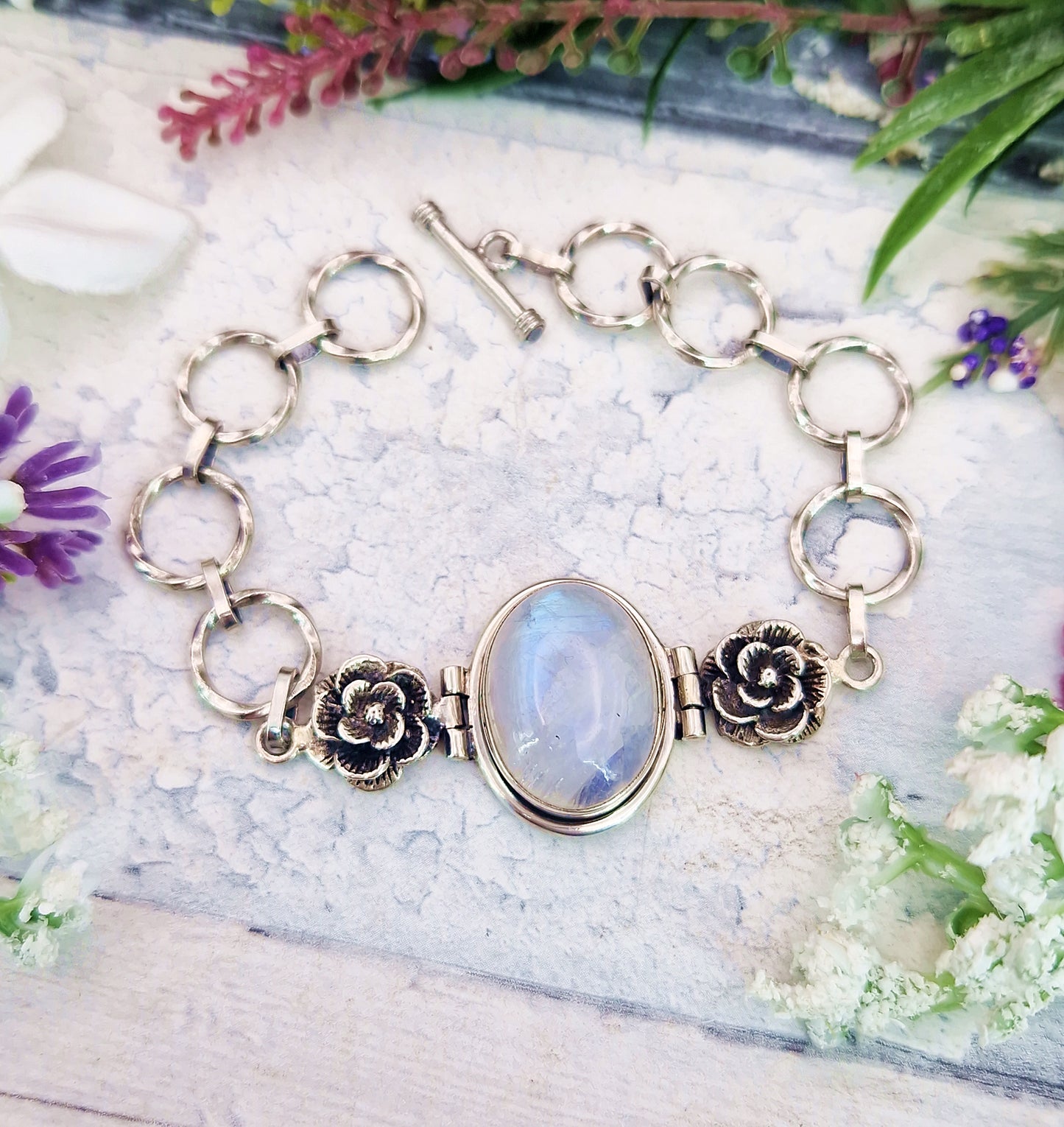 Vintage Sterling Silver Large Moonstone Cabochon and Floral Rose Link Statement Bracelet