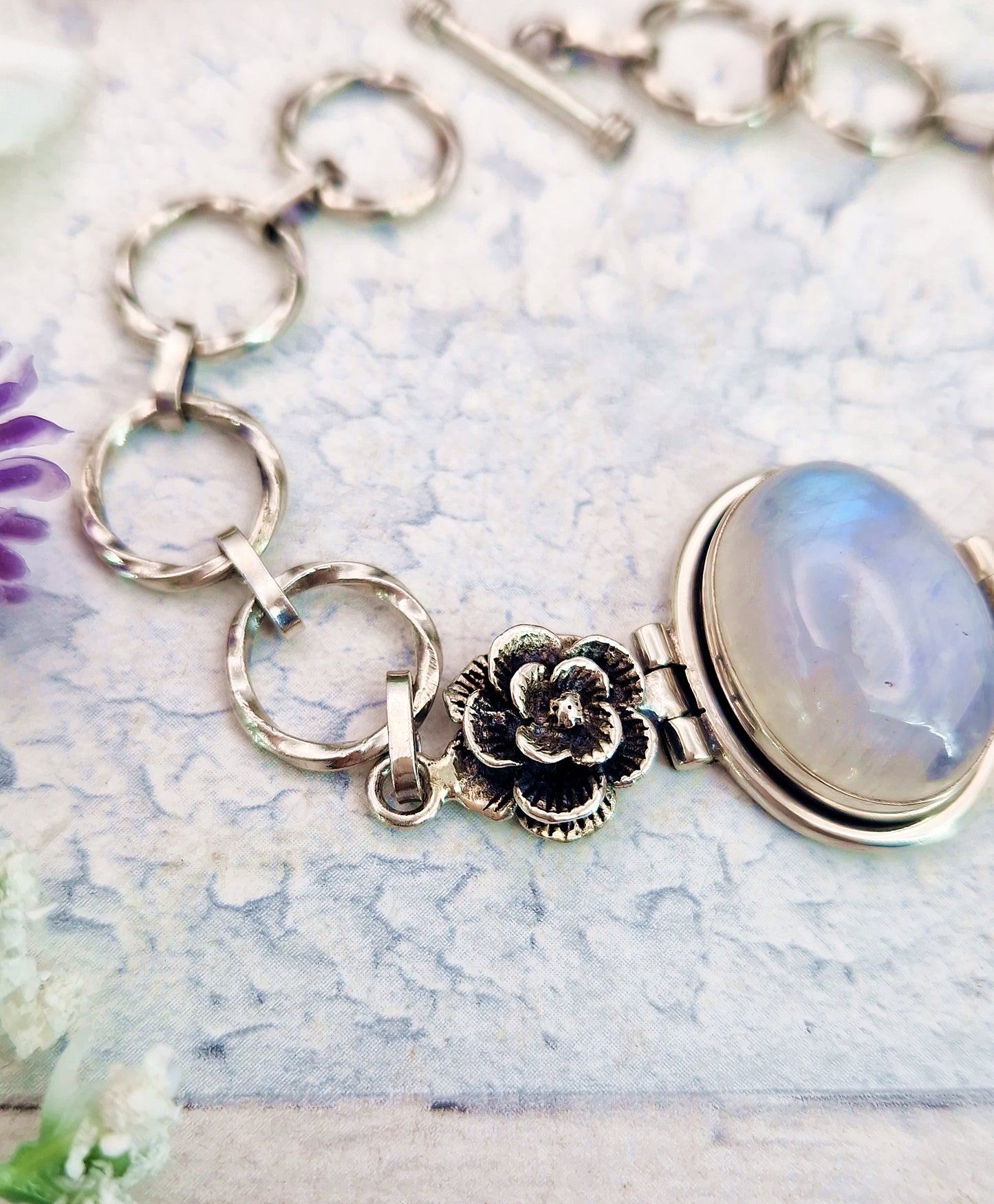 Vintage Sterling Silver Large Moonstone Cabochon and Floral Rose Link Statement Bracelet
