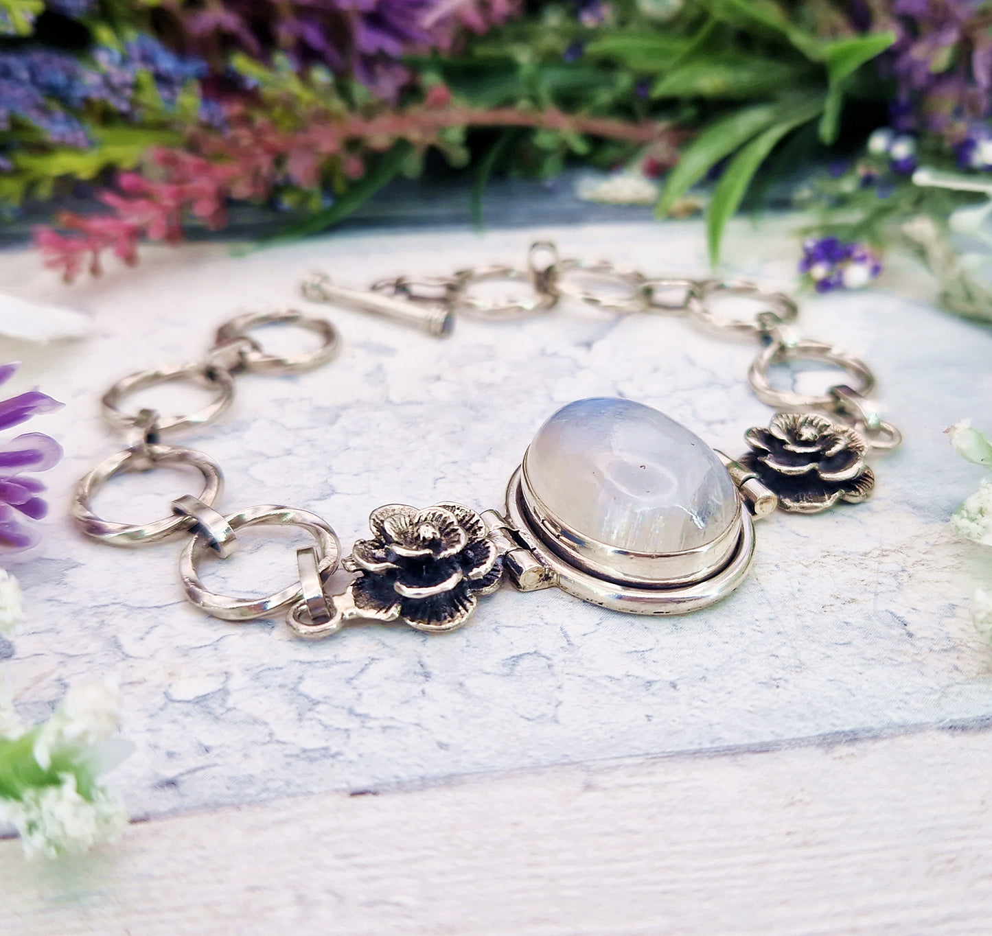 Vintage Sterling Silver Large Moonstone Cabochon and Floral Rose Link Statement Bracelet