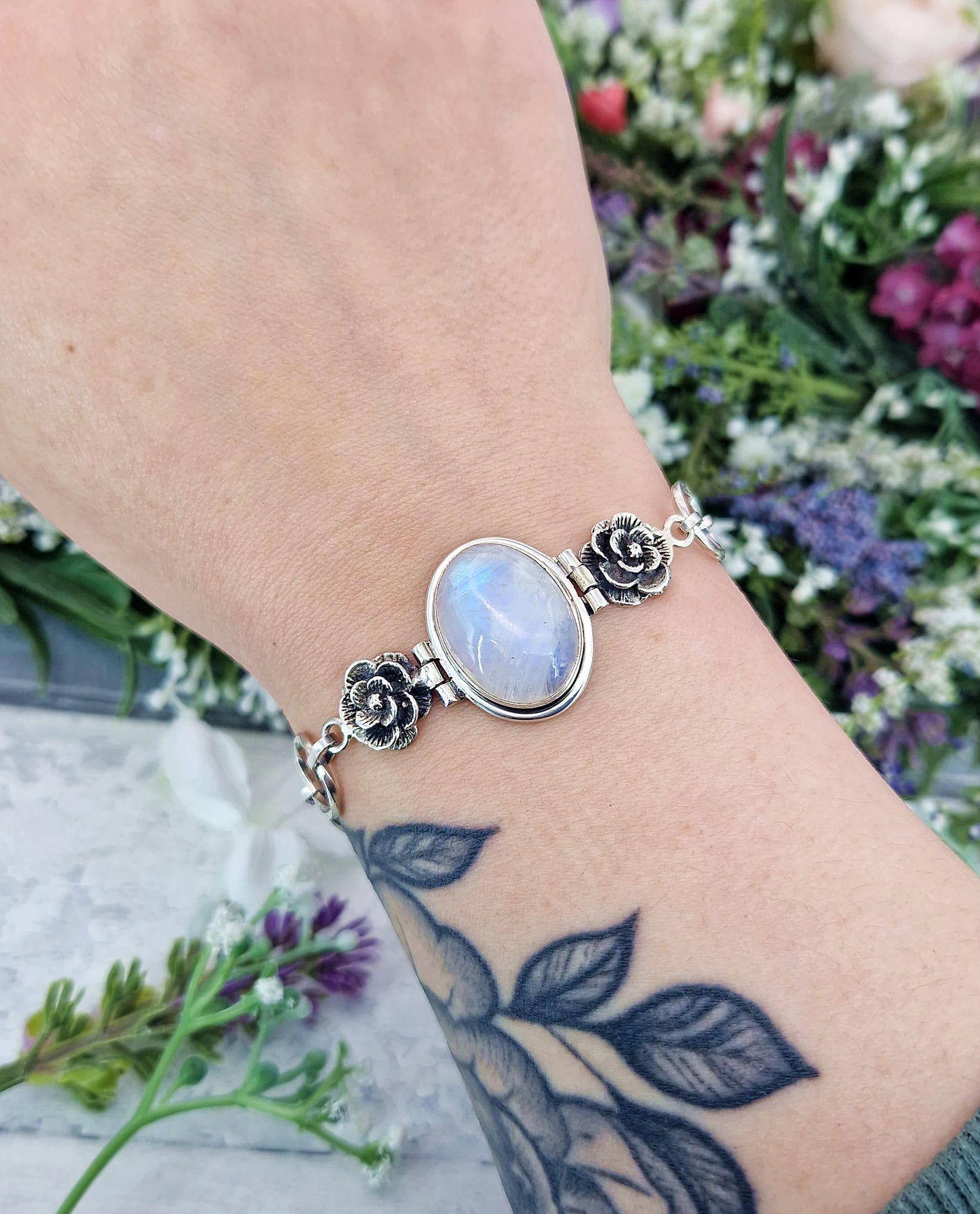 Vintage Sterling Silver Large Moonstone Cabochon and Floral Rose Link Statement Bracelet