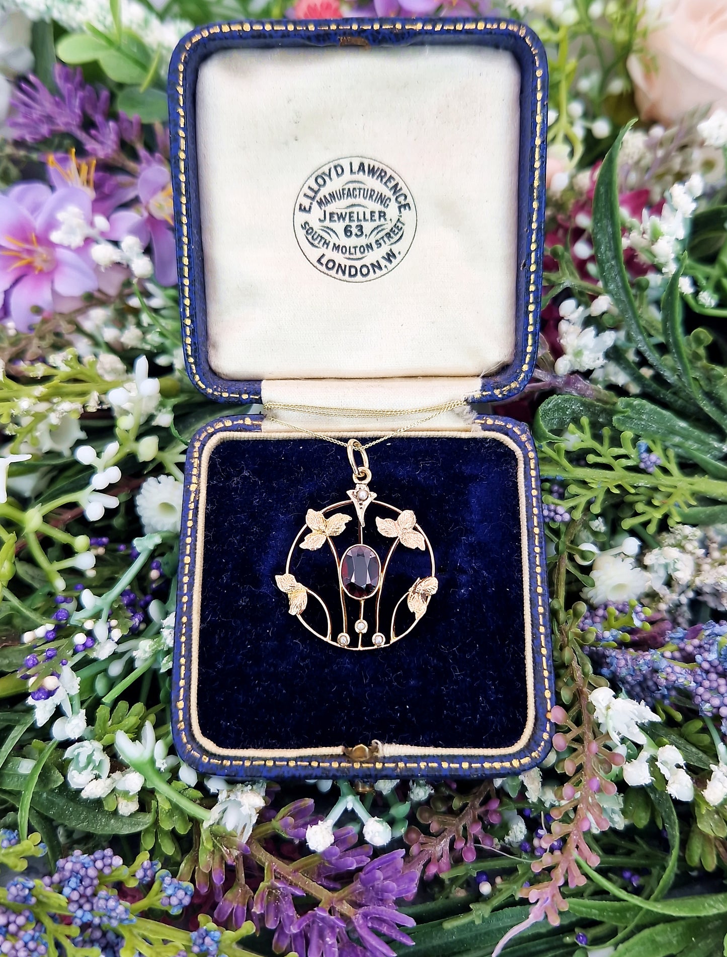 Antique Art Nouveau 9ct Gold Red Garnet and Pearl Leaf Lavalier Pendant Necklace