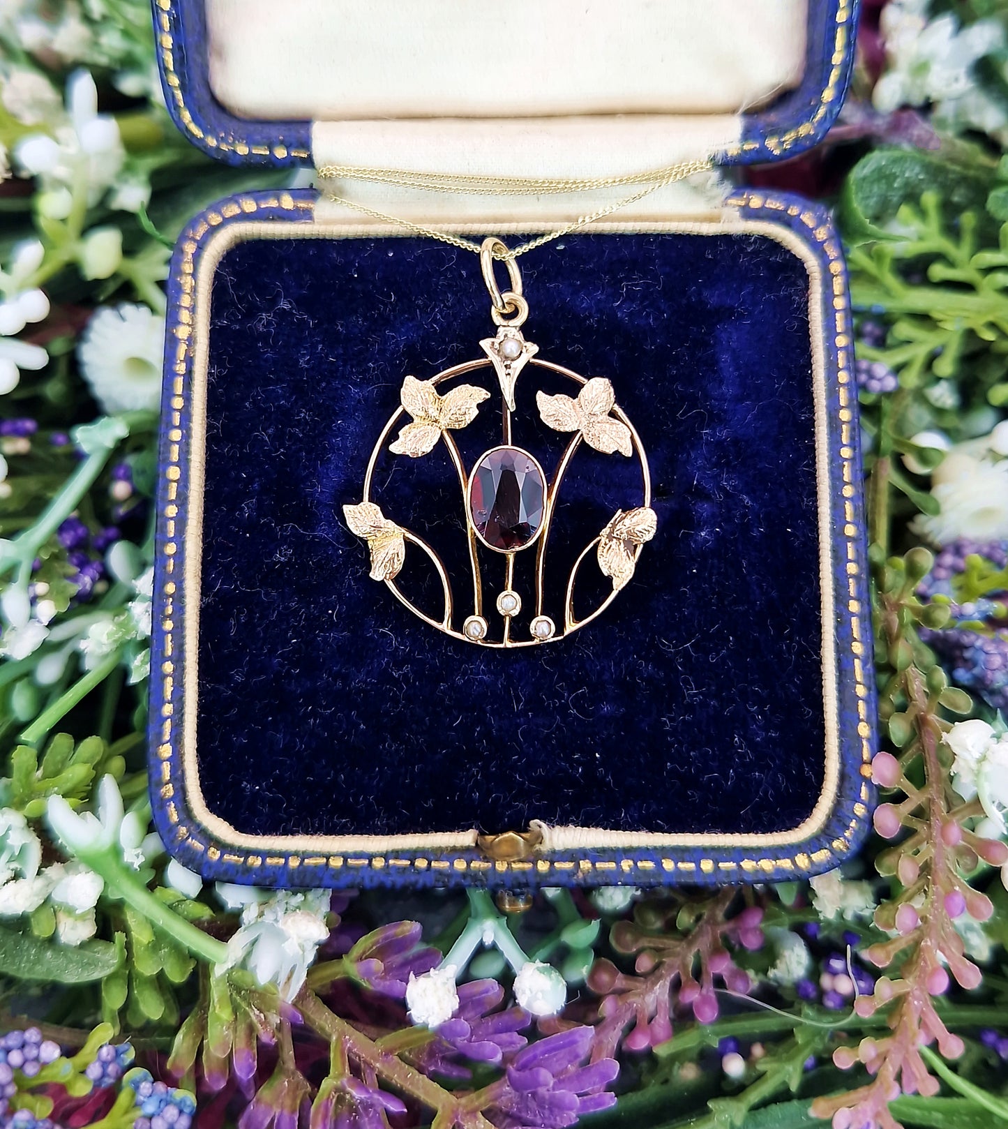 Antique Art Nouveau 9ct Gold Red Garnet and Pearl Leaf Lavalier Pendant Necklace