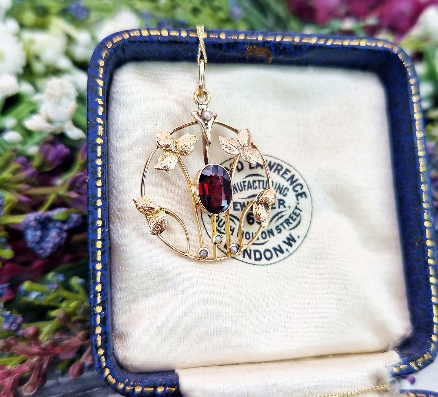 Antique Art Nouveau 9ct Gold Red Garnet and Pearl Leaf Lavalier Pendant Necklace