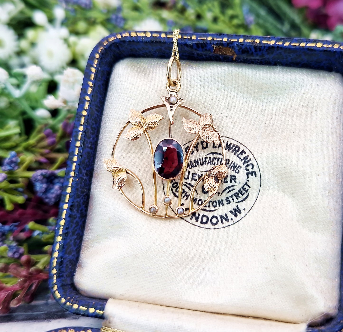 Antique Art Nouveau 9ct Gold Red Garnet and Pearl Leaf Lavalier Pendant Necklace