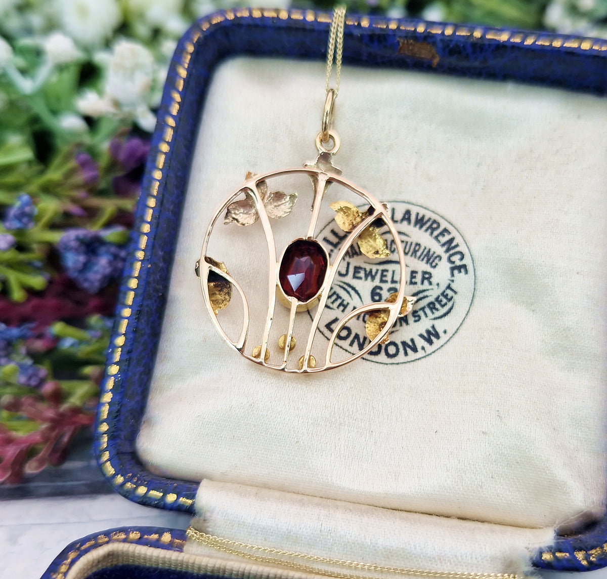Antique Art Nouveau 9ct Gold Red Garnet and Pearl Leaf Lavalier Pendant Necklace
