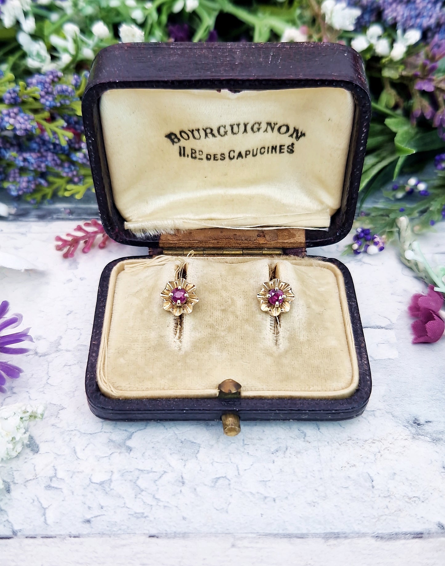 Vintage 9ct Yellow Gold Dainty Flower Stud Earrings with Pink Ruby Gemstones