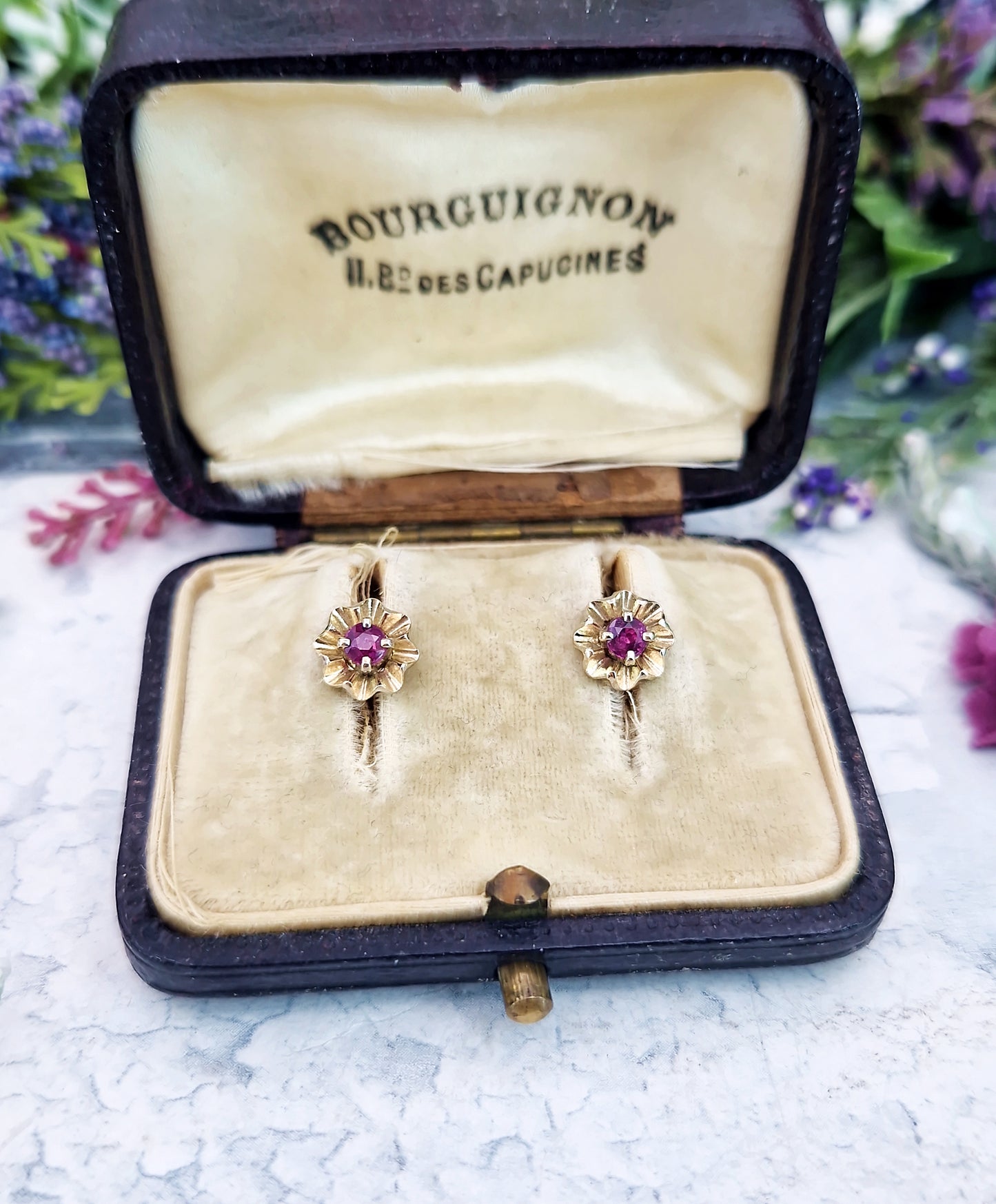 Vintage 9ct Yellow Gold Dainty Flower Stud Earrings with Pink Ruby Gemstones