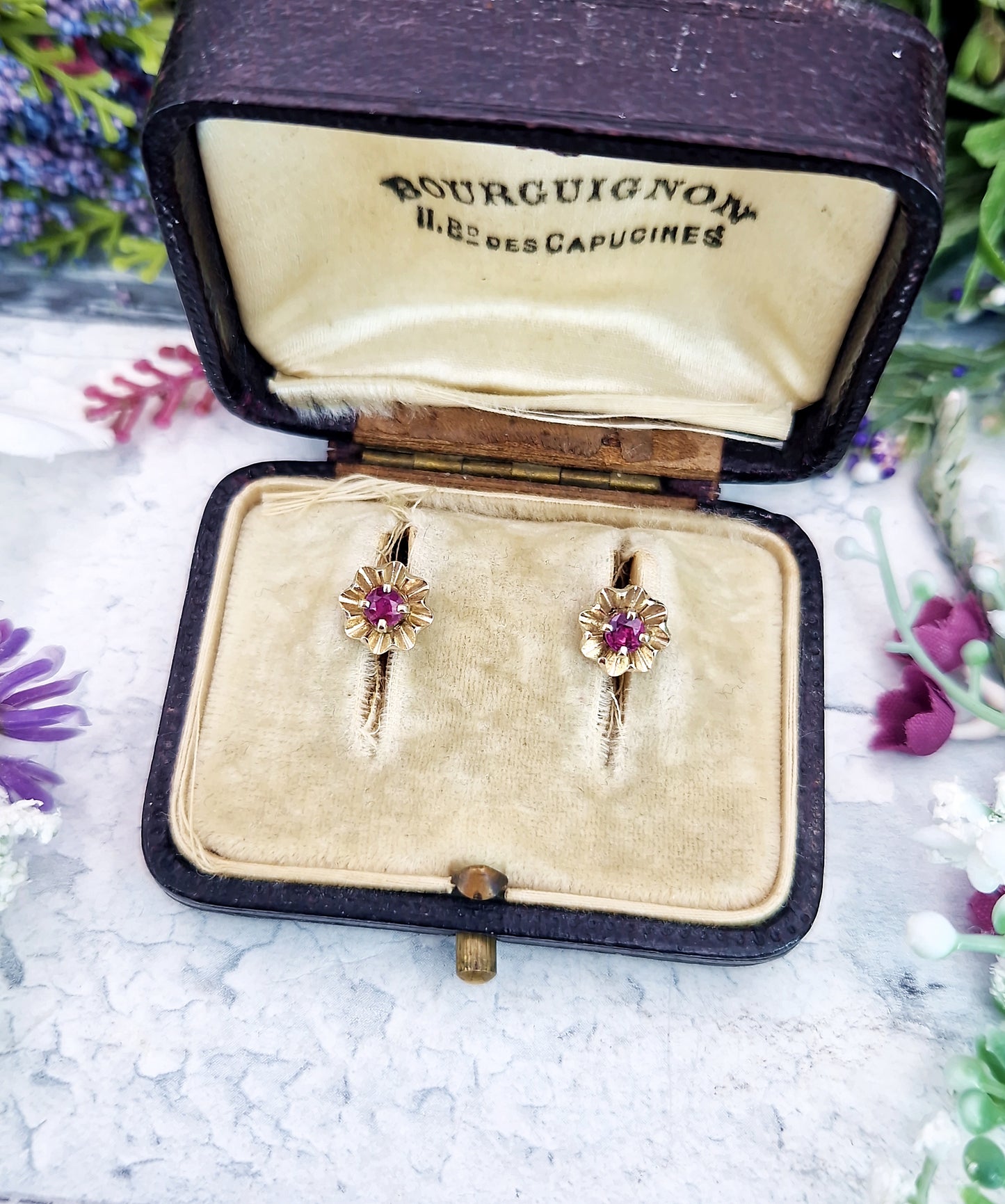 Vintage 9ct Yellow Gold Dainty Flower Stud Earrings with Pink Ruby Gemstones