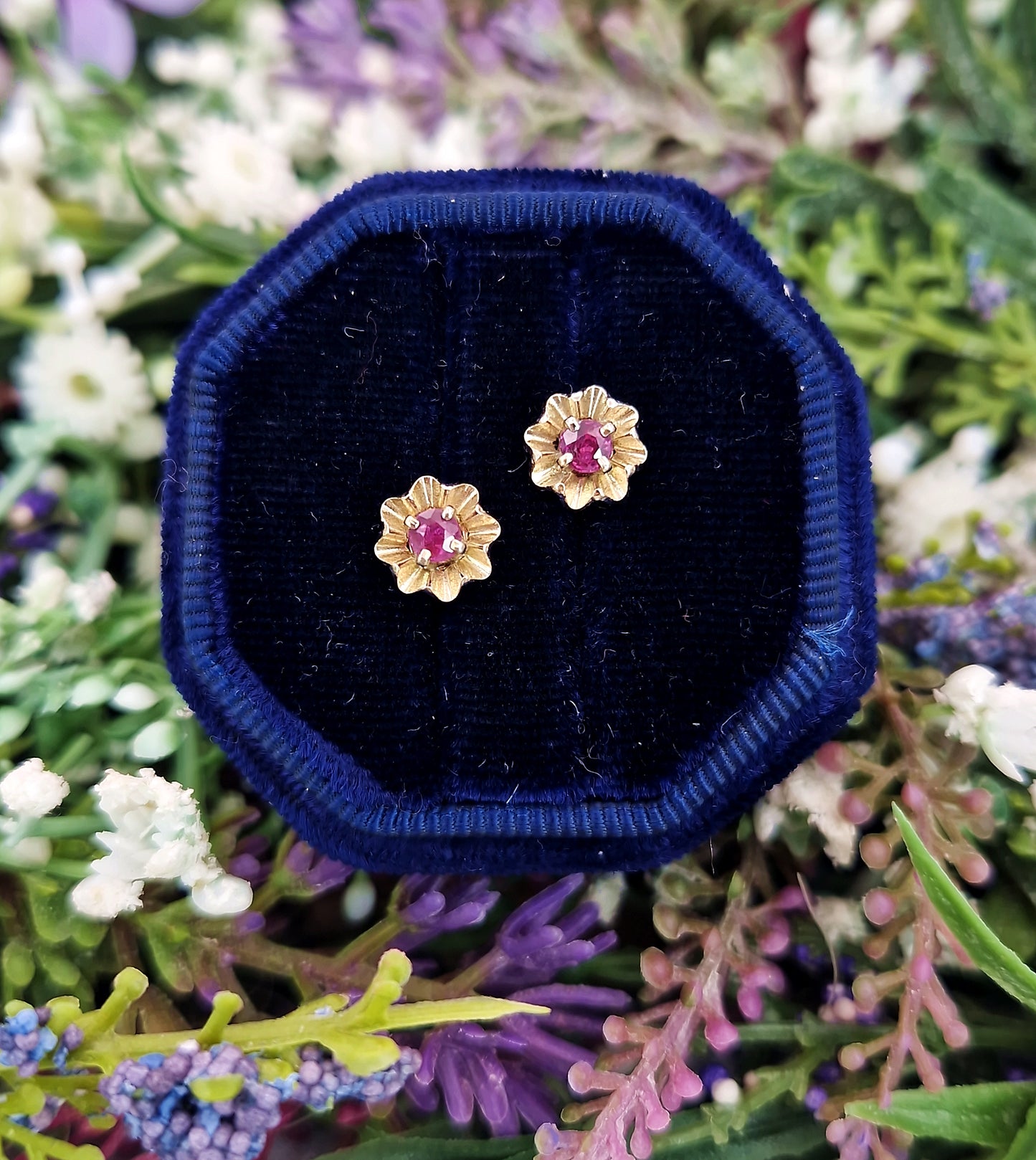 Vintage 9ct Yellow Gold Dainty Flower Stud Earrings with Pink Ruby Gemstones
