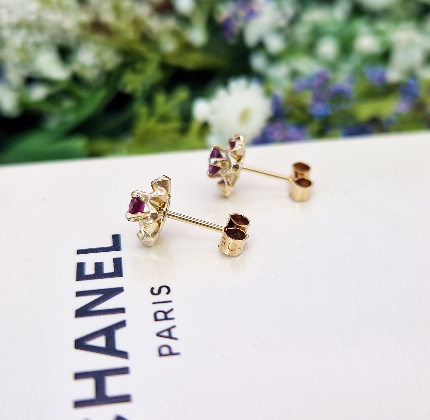 Vintage 9ct Yellow Gold Dainty Flower Stud Earrings with Pink Ruby Gemstones