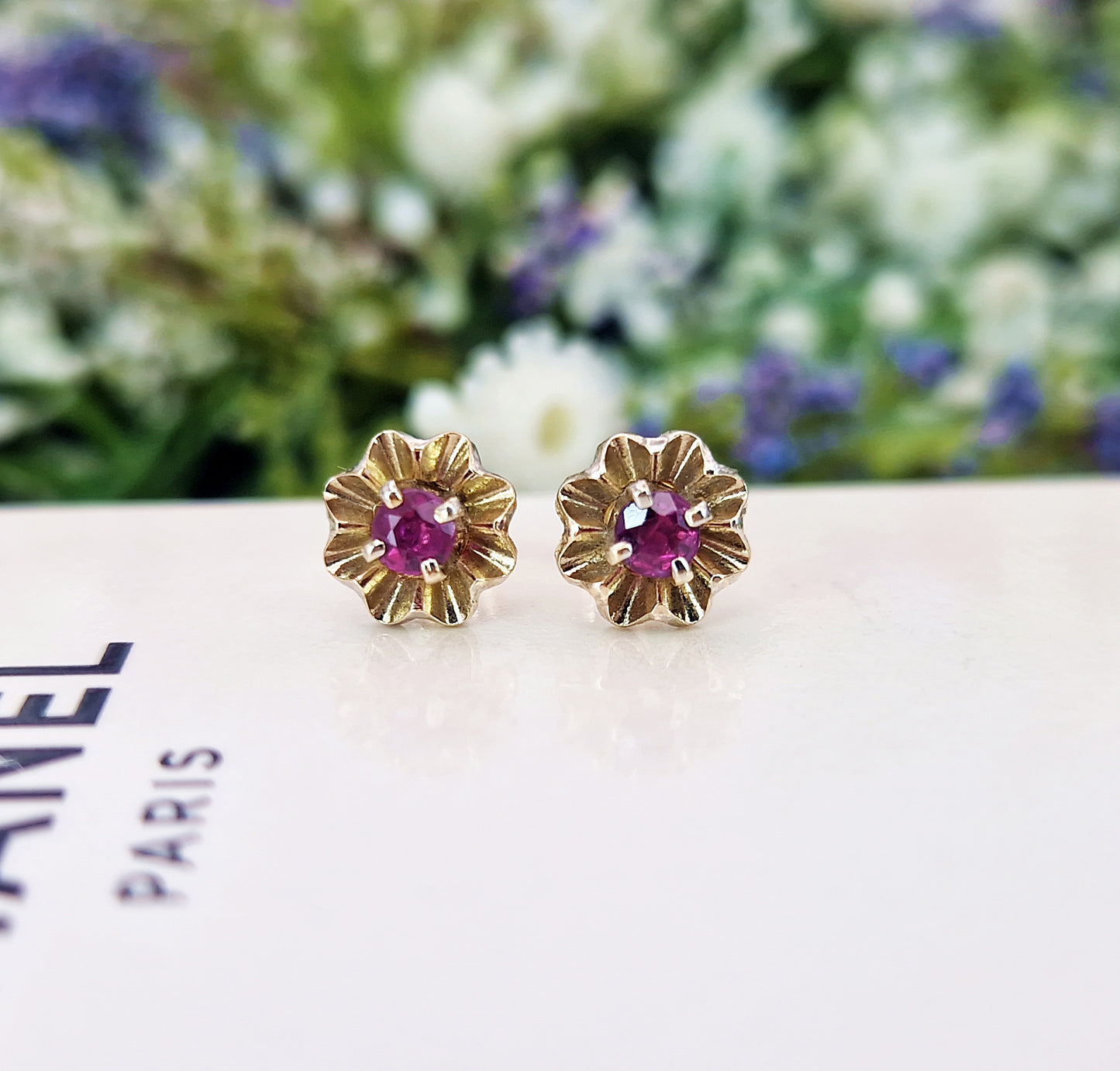 Vintage 9ct Yellow Gold Dainty Flower Stud Earrings with Pink Ruby Gemstones