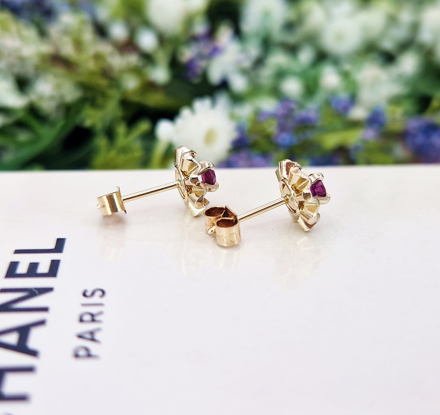 Vintage 9ct Yellow Gold Dainty Flower Stud Earrings with Pink Ruby Gemstones