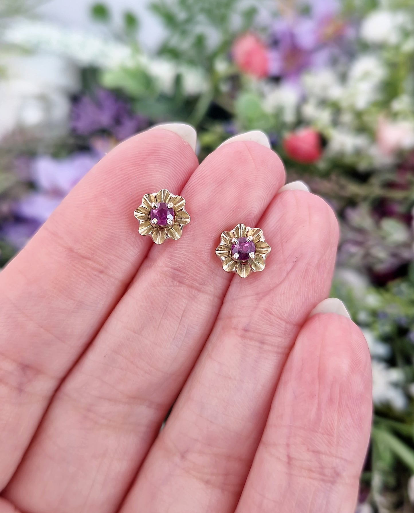 Vintage 9ct Yellow Gold Dainty Flower Stud Earrings with Pink Ruby Gemstones