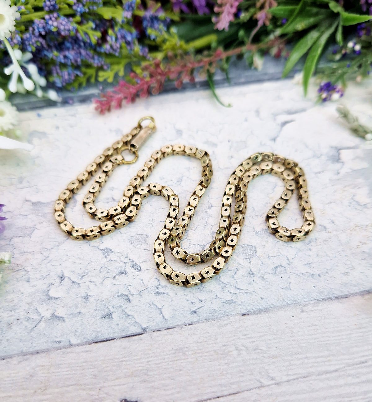 Antique Victorian Gold Metal Ornate Pierced Star Link Necklace Chain / 10.3 grams
