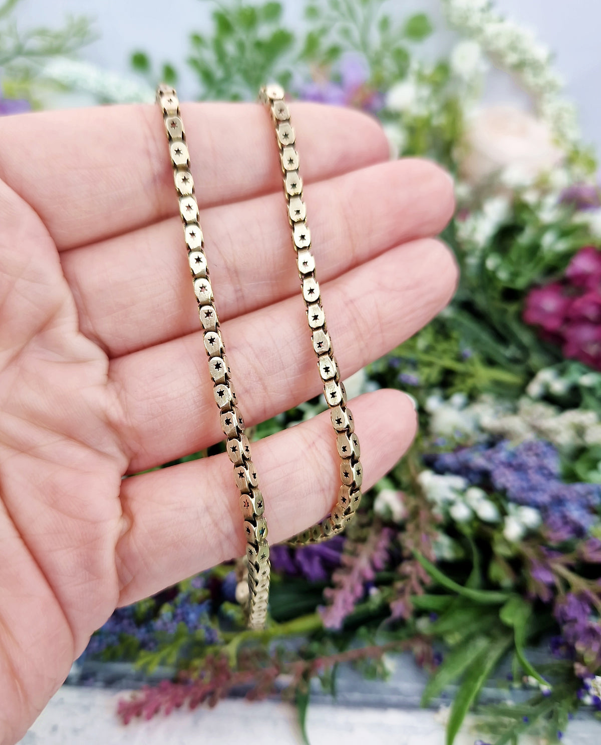 Antique Victorian Gold Metal Ornate Pierced Star Link Necklace Chain / 10.3 grams