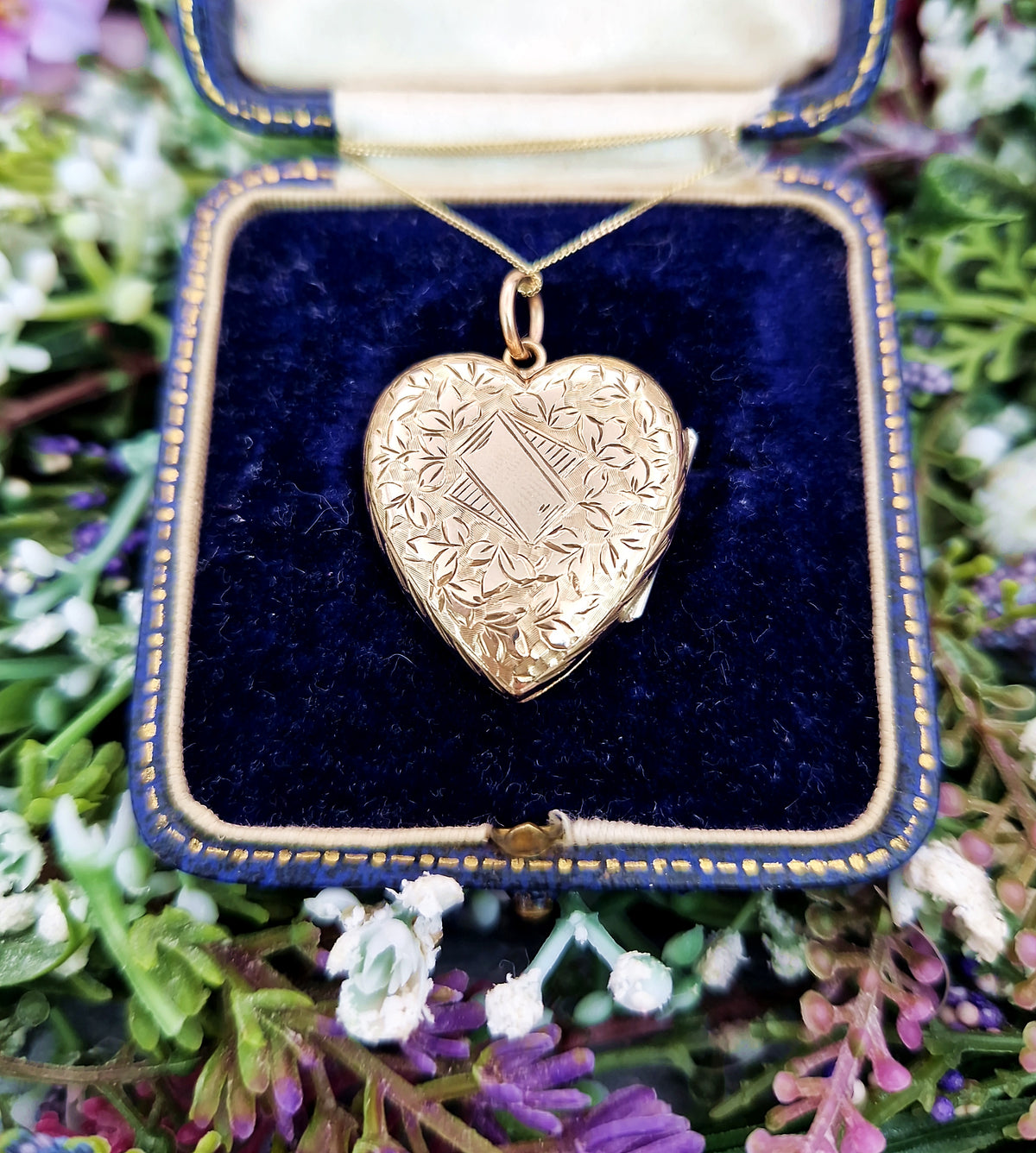 Antique Art Nouveau Gold Gilt Whimsical Botanical Heart Locket Pendant