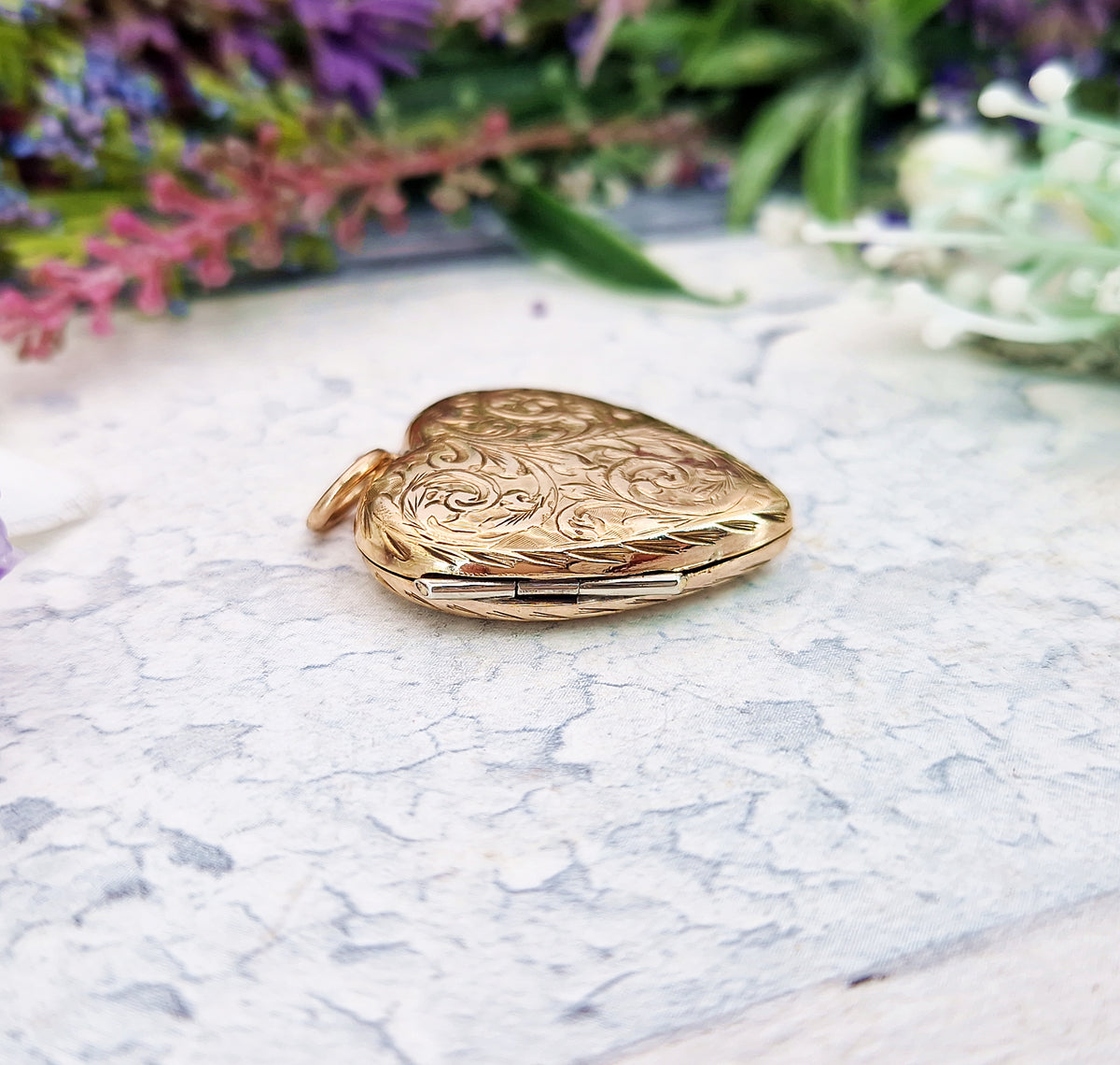 Antique Art Nouveau Gold Gilt Whimsical Botanical Heart Locket Pendant