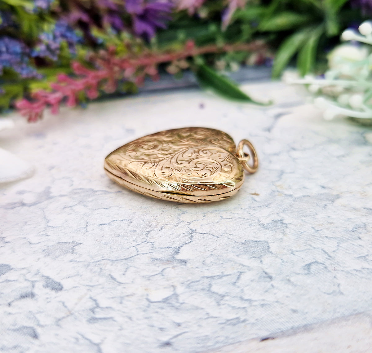 Antique Art Nouveau Gold Gilt Whimsical Botanical Heart Locket Pendant