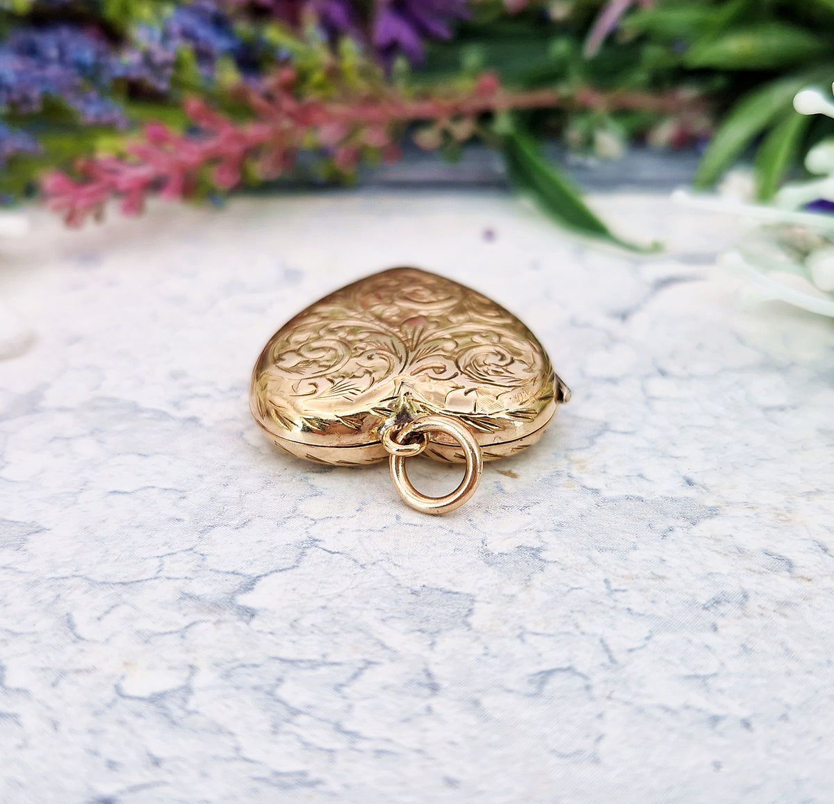 Antique Art Nouveau Gold Gilt Whimsical Botanical Heart Locket Pendant